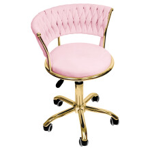 Adjustable Swivel Office Desk Chair, Velvet Vanity Chair with Woven Backrest, Golden Metal Base with Wheels Pink