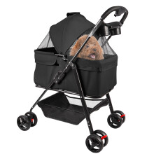 Pet Stroller With Brake Basket Canopy for Small to Medium Sized Pets Black