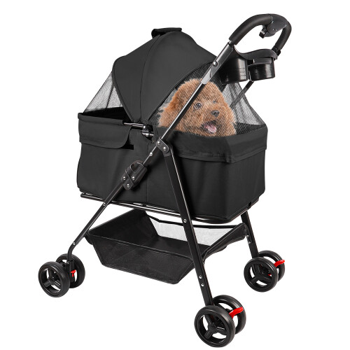 Pet Stroller With Brake Basket Canopy for Small to Medium Sized Pets Black