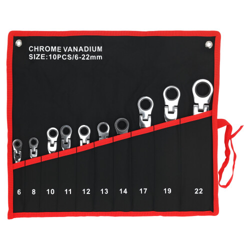 10 Piece Chrome Vanadium Flexible Ratchet Spanner Set 6-22mm With Bag 1