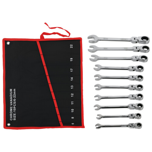 10 Piece Chrome Vanadium Flexible Ratchet Spanner Set 6-22mm With Bag 2