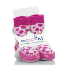 moccasin washable leather sole slipper socks (6-12 Months) Pink Spots