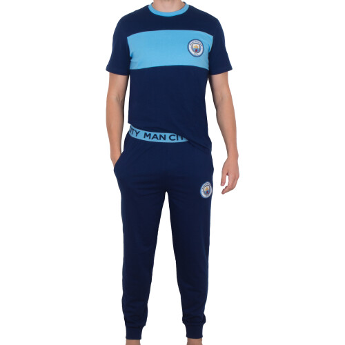 Manchester City FC Official Mens Premium Long Pyjamas Set Navy/Sky Blue XXL