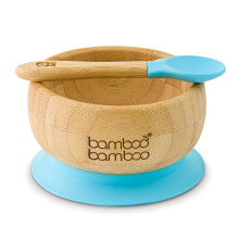 Bamboo Baby Bowl and Spoon Set - Suction Bowl with Silicone Ring, Toddler Bowls for Weaning, 6+ Months (Blue)