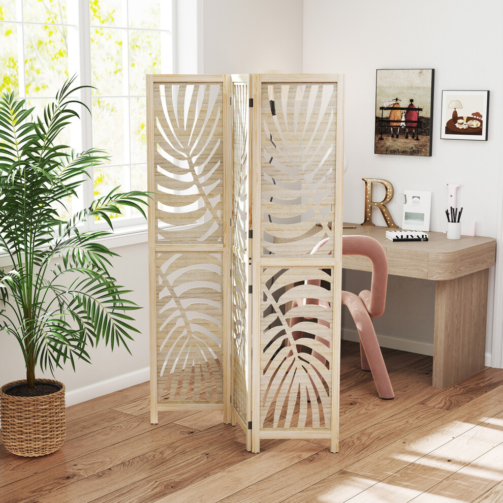 Homcom 3 Panel Privacy Screens With Palm Leaf Design, Natural Wood Finish - Image 2