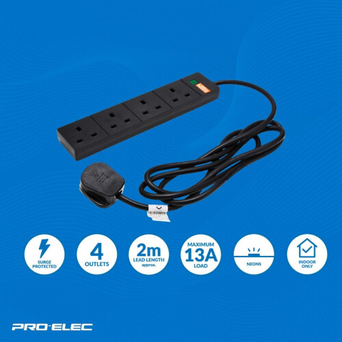 2 m 4 Socket Surge Protected Extension Lead with Neon On Light - Black 1