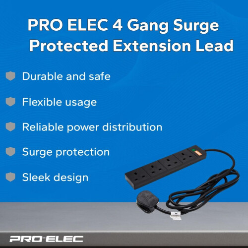 2 m 4 Socket Surge Protected Extension Lead with Neon On Light - Black 2