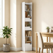 HOMCOM Bookcase Tall Narrow with 5 Tiers Drawers White Wood Effect