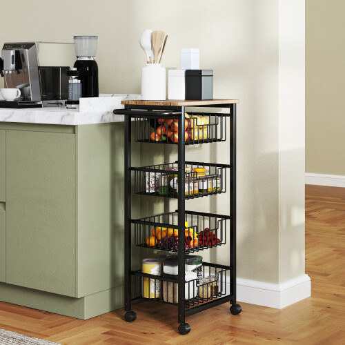 Homcom HOMCOM 4-Tier Kitchen Island on Wheels with 4 Pull-Out Baskets, Oak