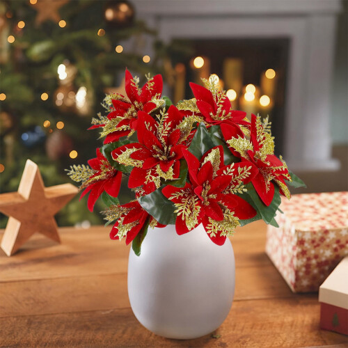 Artificial Red Poinsettia Flowers with Stems 6 Pcs 2