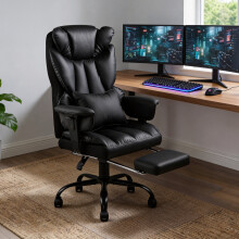Black PVC High Back Executive Swivel Office Chair, Reclining Chair with Retractable Footrest & Adjustable Armrests