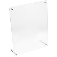 Présentoir à affiches rectangulaire en acrylique et acier inoxydable transparent pour bureau, avec fleurs séchées.