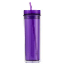 Gobelet transparent double couche de 473 ml avec paille, violet, haut et fin - Compatible avec Begine Cup*1, gobelet en plastique portable pour