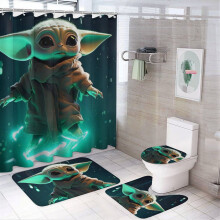 Set de duș Baby Yoda cu 4 piese, covor antiderapant, capac de toaletă, covoraș, perdea impermeabilă și 12 cârlige