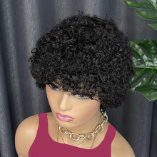 Korte watergolf krullende pruik van 15 cm (6 inch) pixie bob met pony, zonder lijm, 180% dichtheid, zwart - compatibel met Jerry Curly Styles