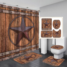 Ensemble de 4 pièces : rideau de douche style western, porte de grange en bois marron, décoration étoile primitive pour salle de jeux, tapis de
