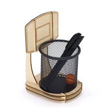 Pennen- en potloodhouder, handgemaakte houten basketbalstandaard, potloodorganizer, metalen gaas pennenbeker
