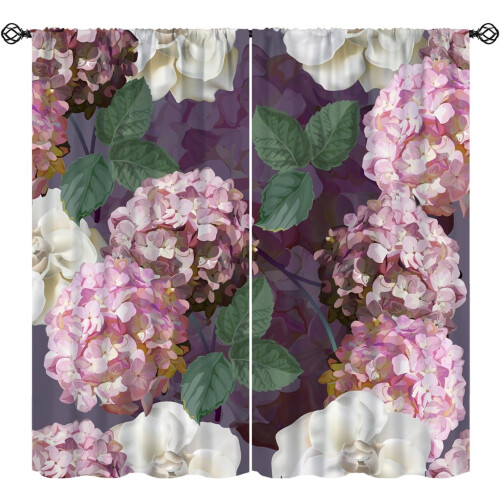 Spring Floral Curtains Pink Hydrangea White Begonia Rod