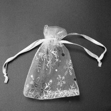 200 Stück Organza Hochzeit Geschenk Taschen Kordelzug Schmuck Beutel Taschen Silber Weiße Schneeflocken Gedruckt Schier Party Gunst Taschen