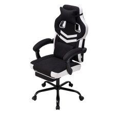 Tech Fabric Ergonomic Reclining Gaming Chair, Black+White, w/ Massage Lumbar Support & Footrest