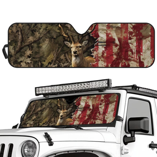 Forest Deer USA Flag Windshield Sunshade for Jeep Wrangler 1