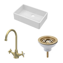Traditional Fireclay Kitchen Bundle: 1 Bowl Butler Sink, Waste & Mono Crosshead Tap - 795mm - Brushed Brass