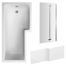 L Shape 1700x850 Shower Bath Set - Front Panel & Chrome 2 Panel Center Hinge Screen, Right Hand