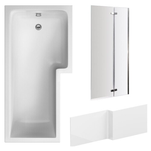Balterley L Shape 1700x850 Shower Bath Set - Front Panel & Chrome 2 Panel Center Hinge Screen, Right Hand