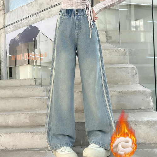 Winter Lined Denim Jeans Elastic Waist Straight Leg 1