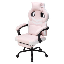 Tech Fabric Ergonomic Reclining Gaming Chair, Pink+White, w/ Massage Lumbar Support & Footrest