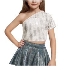 Girls One-Shoulder Short-Sleeve Sequin Top Summer Sparkly