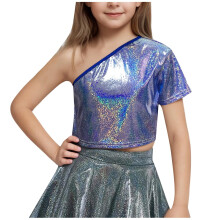 Girls One-Shoulder Short-Sleeve Sequin Crop Top