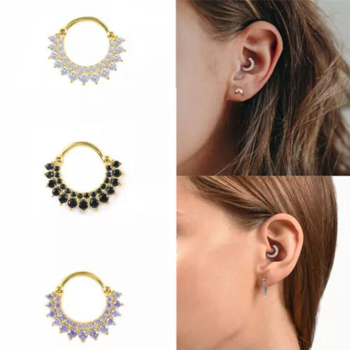 Daith Hoop Earring Sterling Silver Rose Gold White Stone 2