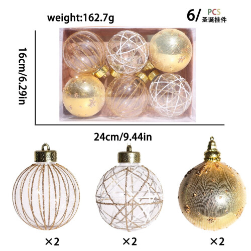Gold Glitter Christmas Ornaments Set 6 pcs 1
