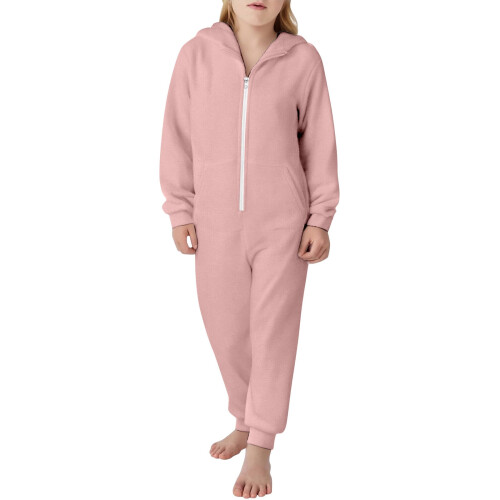 Kids Hooded Zip-Up Jumpsuit with Pockets Solid Color 2