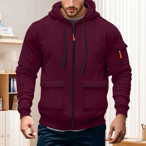 Men's Winter Coat Solid Color Hooded Full-Zip Thermal 1
