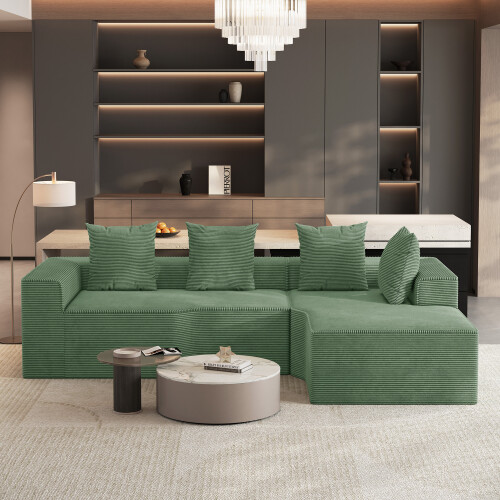 Corduroy Right L-Shaped Modular Sofa Green