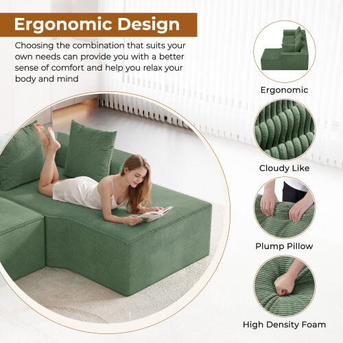Corduroy Right L-Shaped Modular Sofa Green 2