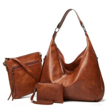 Set Borsa Donna in Pelle Vegana 3 Pezzi con Tote, Tracolla e Portafoglio, Doppia Cerniera Laterale, Colore Marrone