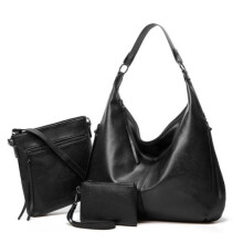 Set Borsa Donna in Pelle Vegana 3 Pezzi Nero - Tote Grande con Tracolla, Borsa a Spalla e Portafoglio con Zip Laterali Doppie