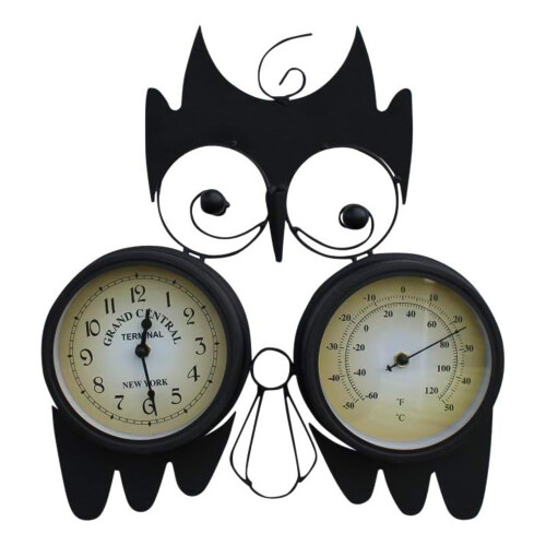 Owl Garden Clock with Thermometer 15cm