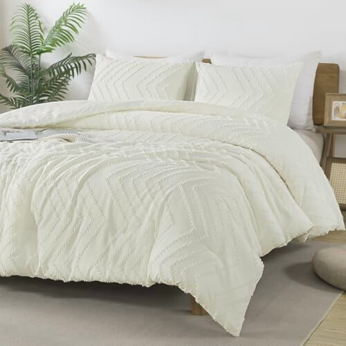 Ivory California King Comforter Set Boho Tufted Chevron 3-Pc 1