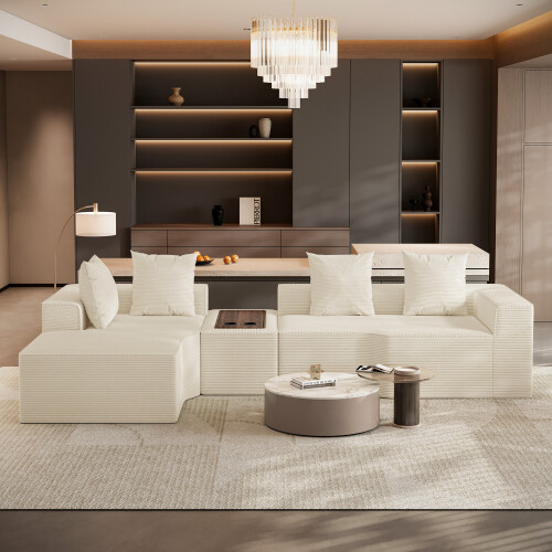 Corduroy Left L-Shaped Modular Sofa With Cup Holder, Beige