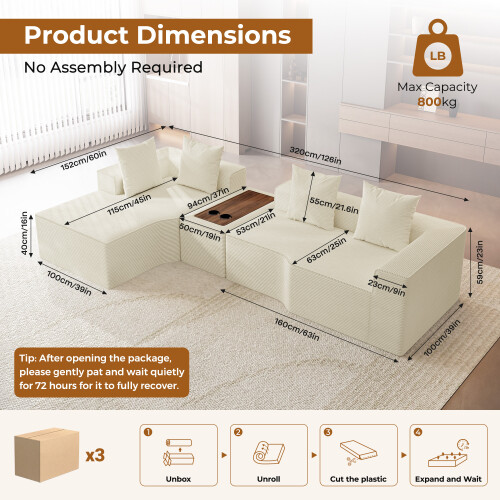 Corduroy Left L-Shaped Modular Sofa With Cup Holder, Beige 1