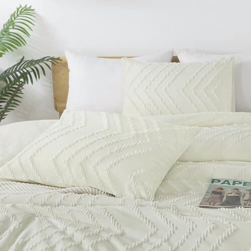 Ivory California King Comforter Set Boho Tufted Chevron 3-Pc 2