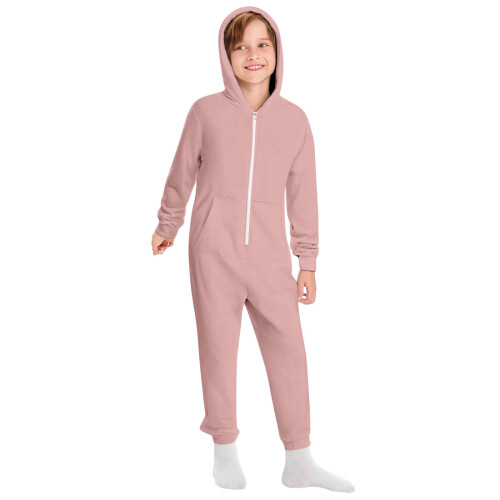Kids Hooded Zip-Up Jumpsuit with Pockets Solid Color 1