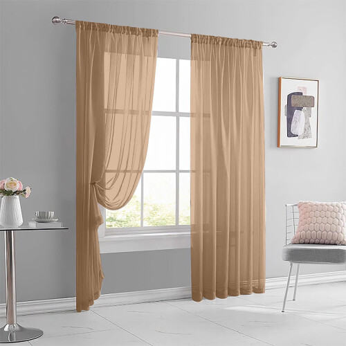 Solid Color Semi-Sheer Polyester Curtains Brown Rod Pocket 2