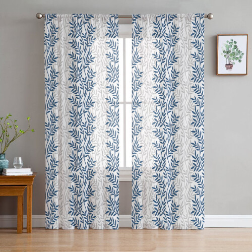 Sheer Curtains Blue Leaf Pattern 52x108 Inch Light 2