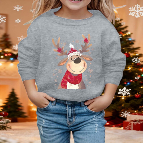 Kids Christmas Pullover Reindeer Print Round Neck Long 1