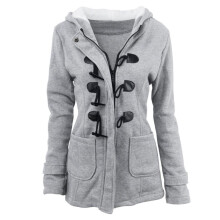 Women's Horn-Button Padded Hooded Cardigan Jacket Black 2XL